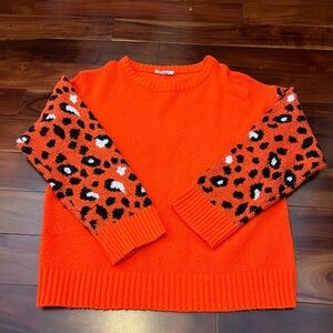 THML Bright Orange Sweater with Leopard Print Sleeves